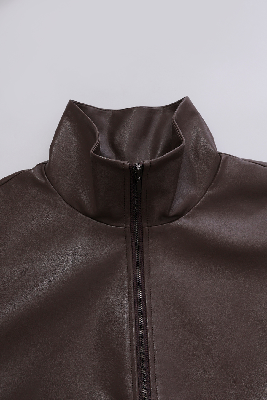 High-Neck Leather Jacket with Cargo Pockets|AMII