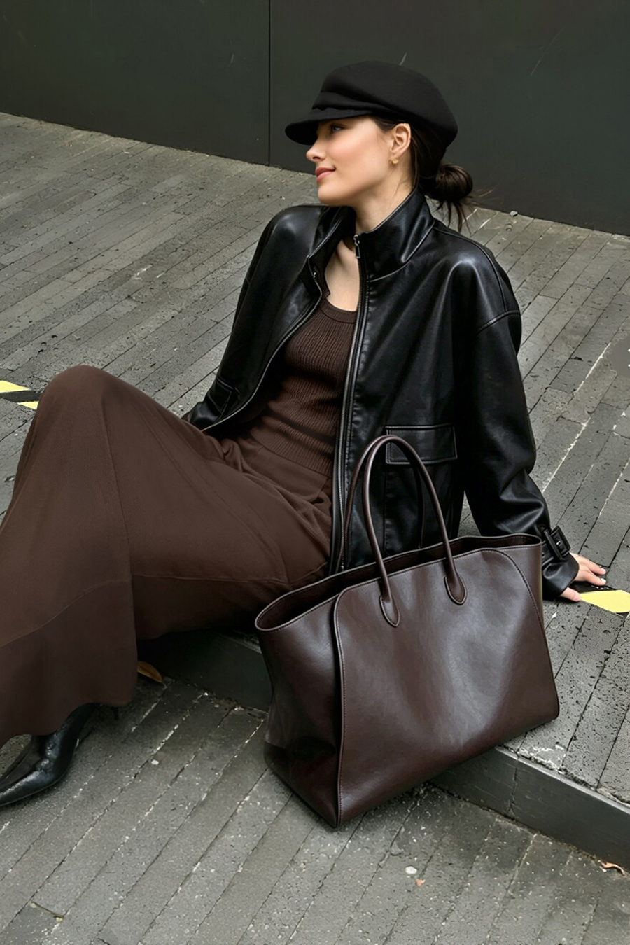 High-Neck Leather Jacket with Cargo Pockets|AMII