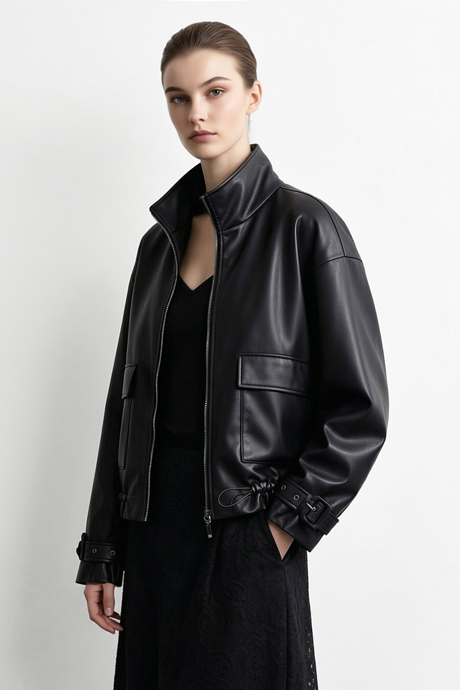 High-Neck Leather Jacket with Cargo Pockets|AMII