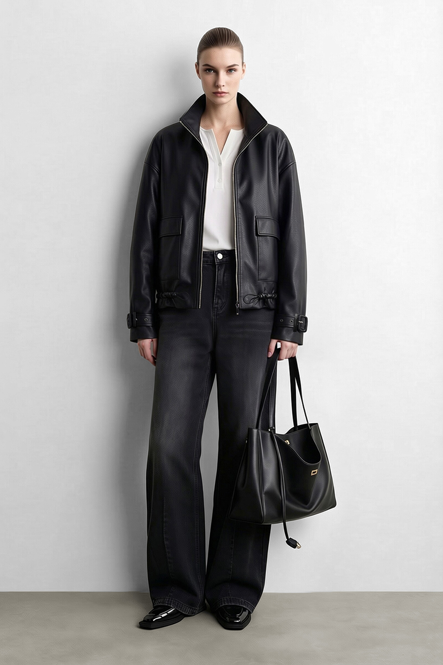 High-Neck Leather Jacket with Cargo Pockets|AMII