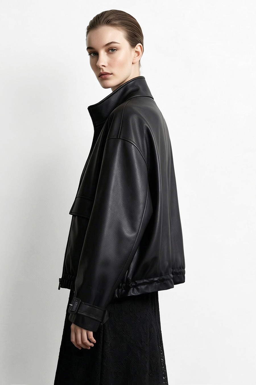 High-Neck Leather Jacket with Cargo Pockets|AMII
