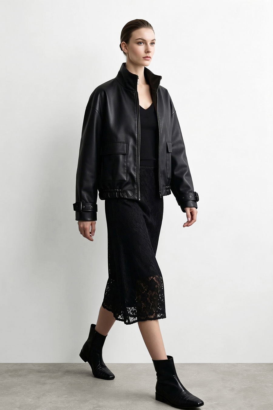 High-Neck Leather Jacket with Cargo Pockets|AMII