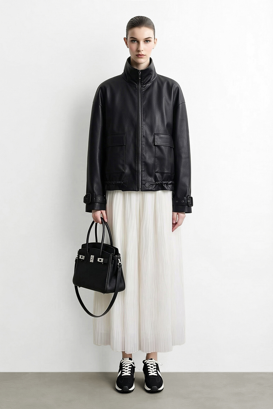 High-Neck Leather Jacket with Cargo Pockets|AMII