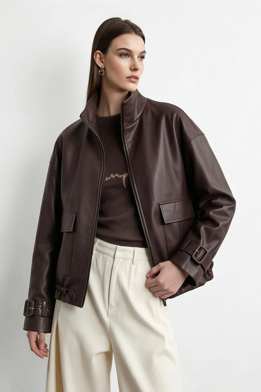 High-Neck Leather Jacket with Cargo Pockets|AMII