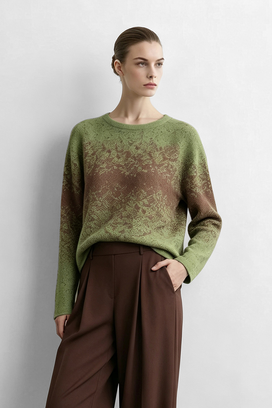 Gradient color‑contrast drop‑shoulder sweater|AMII