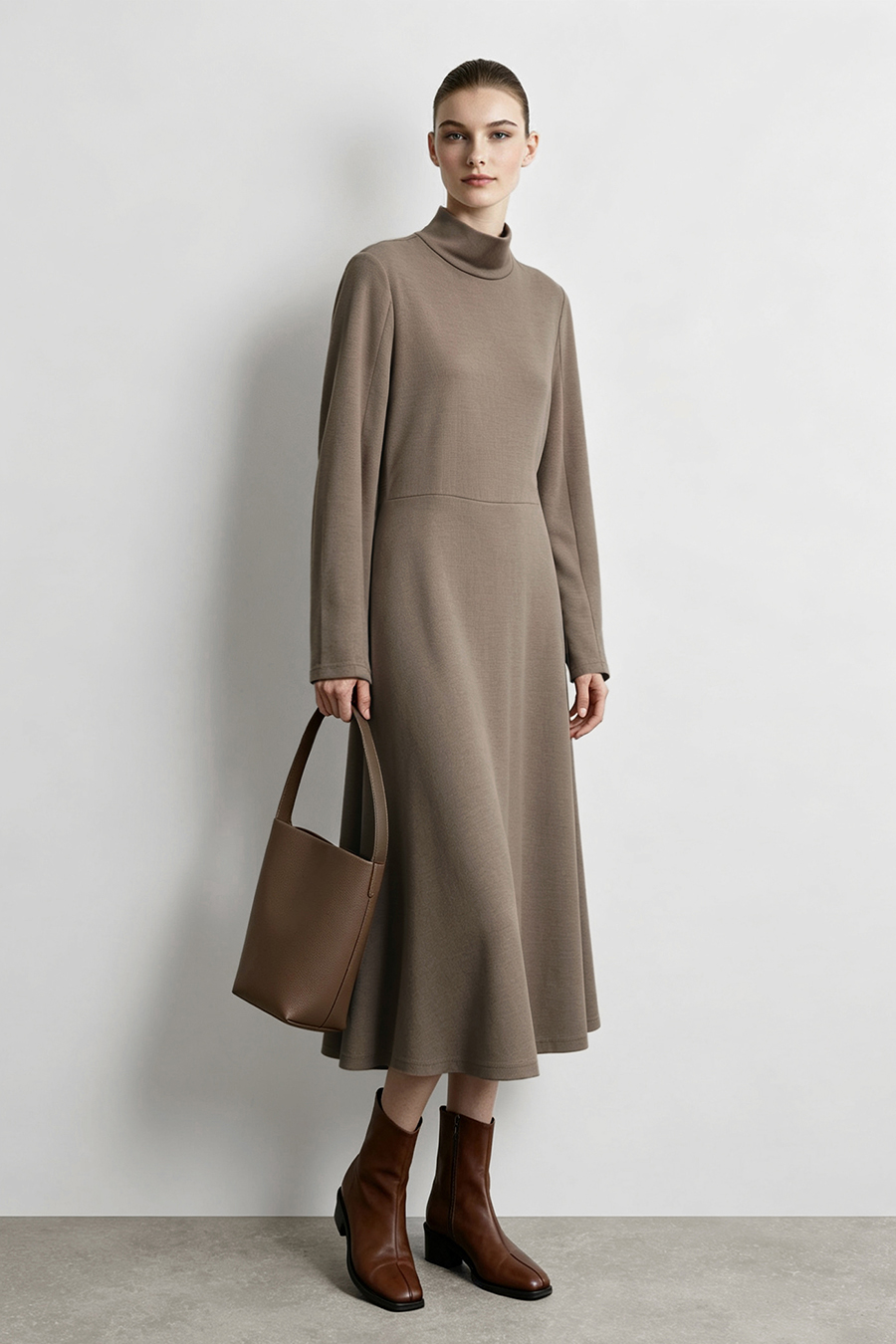 Mock Neck Waist-Cinching Dress|AMII