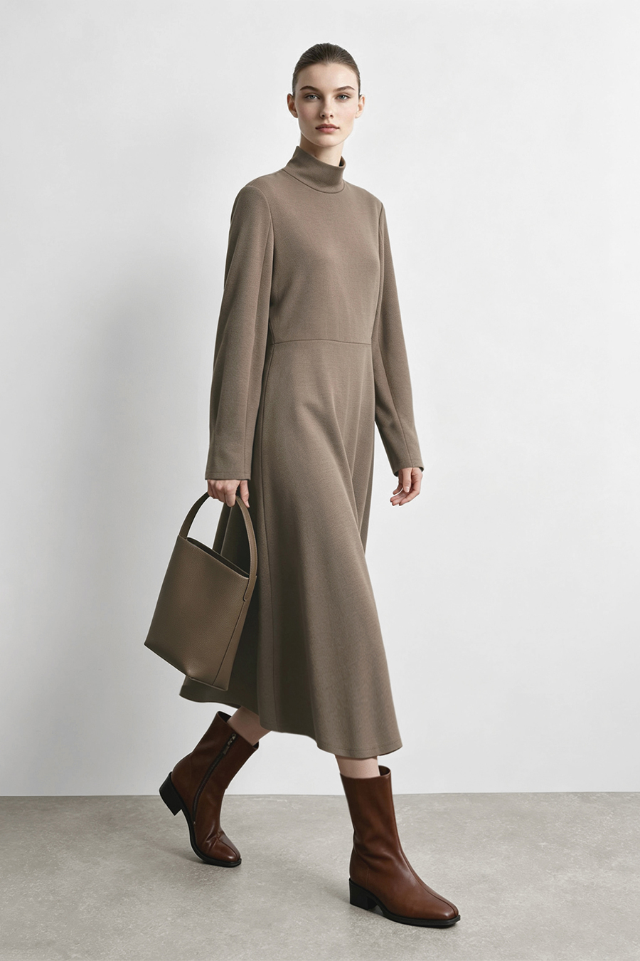 Mock Neck Waist-Cinching Dress|AMII