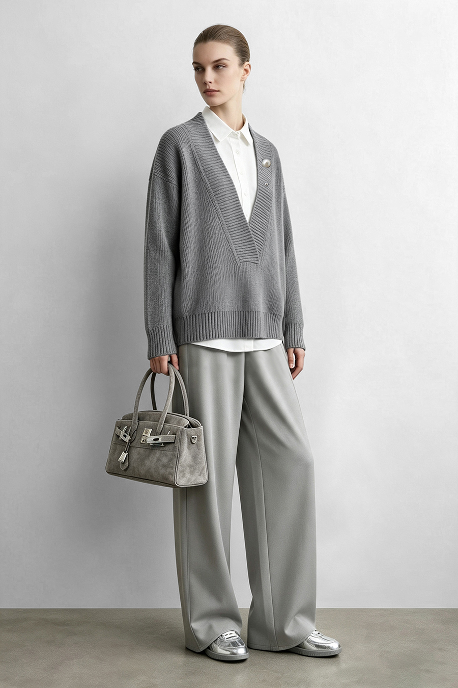 V-Neck Sweater with Removable Brooch|AMII