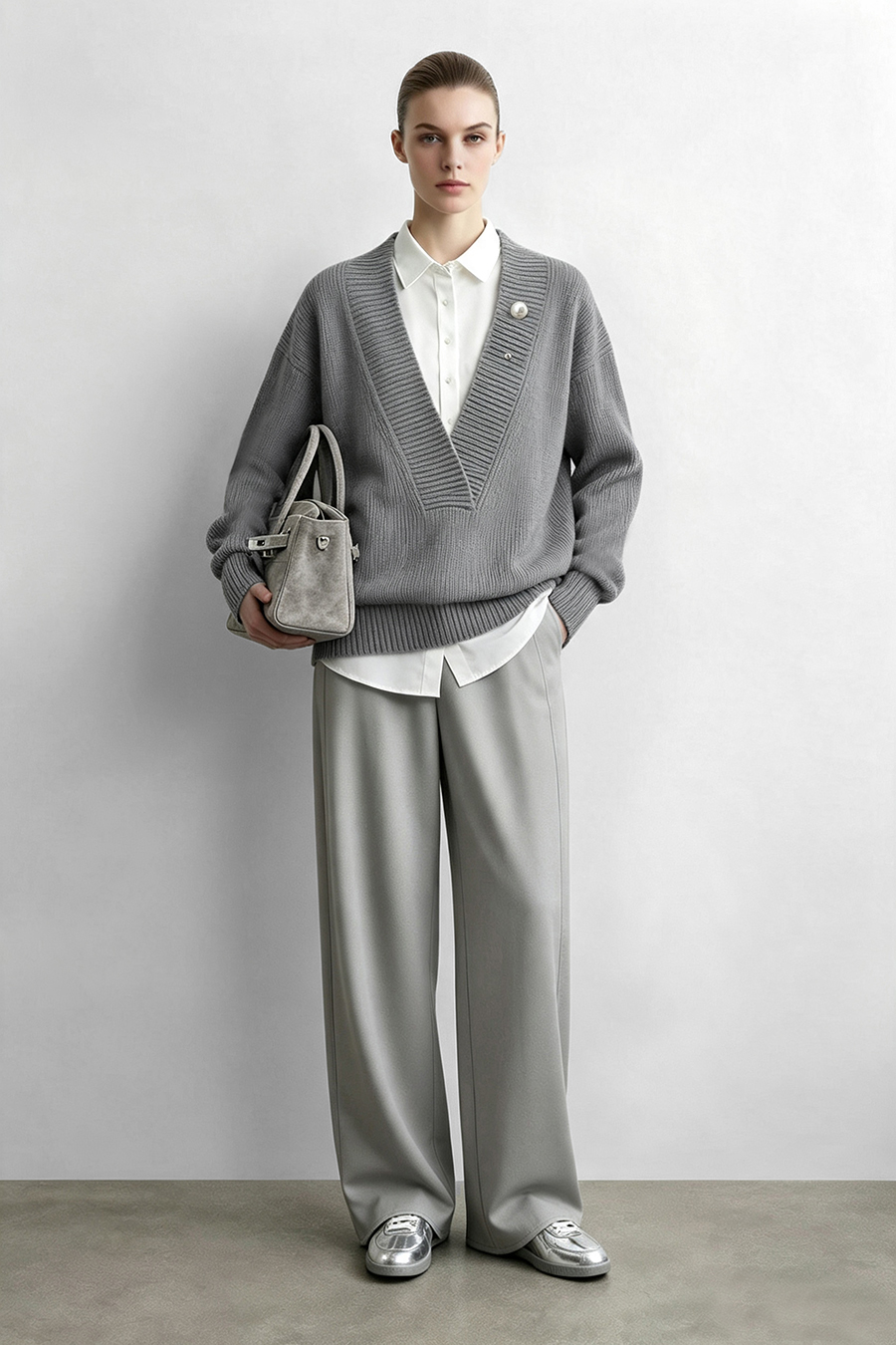 V-Neck Sweater with Removable Brooch|AMII