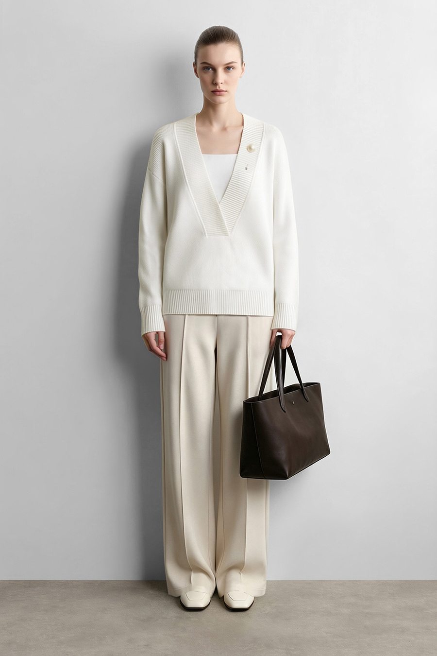 V-Neck Sweater with Removable Brooch|AMII