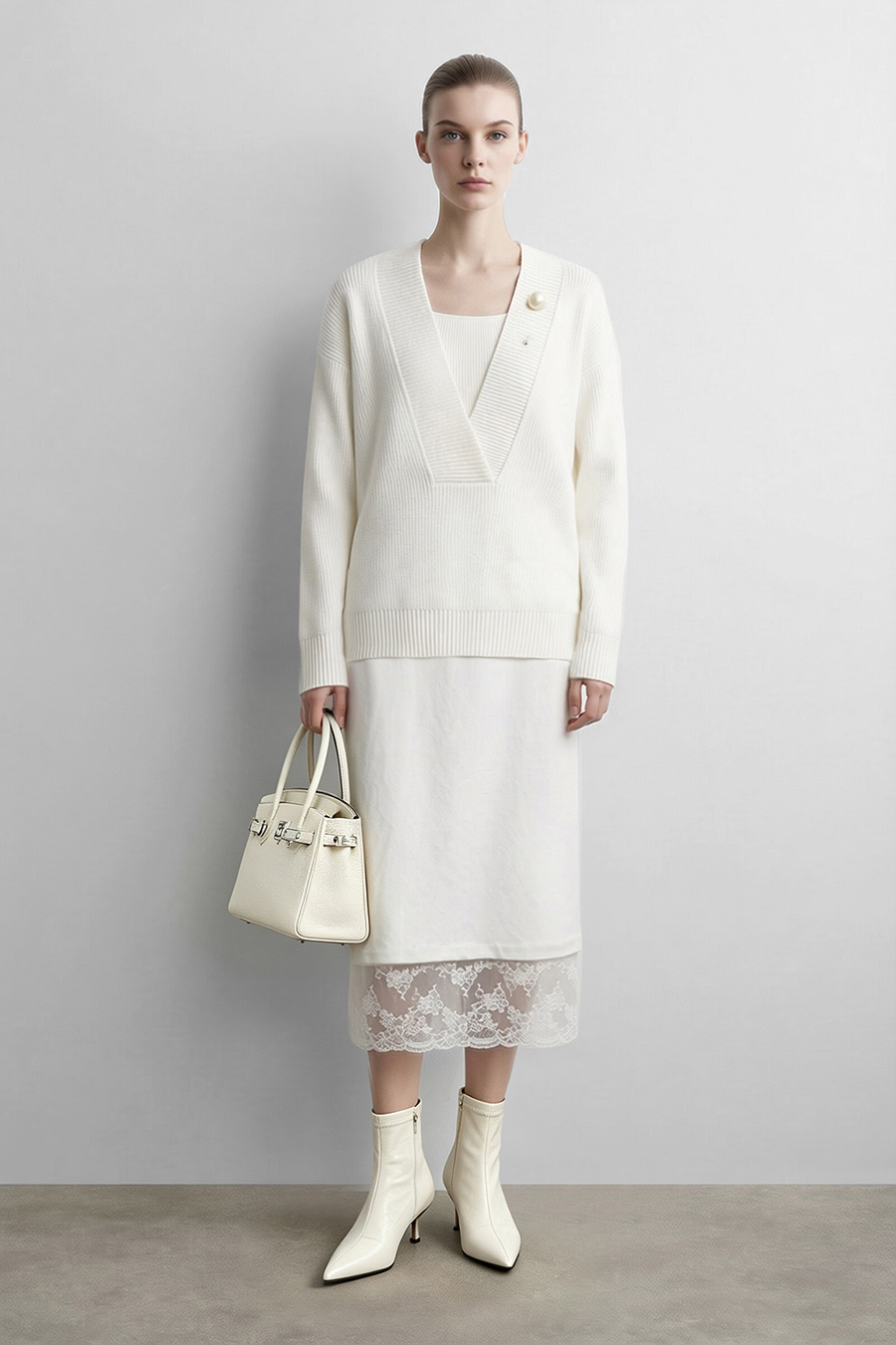 V-Neck Sweater with Removable Brooch|AMII