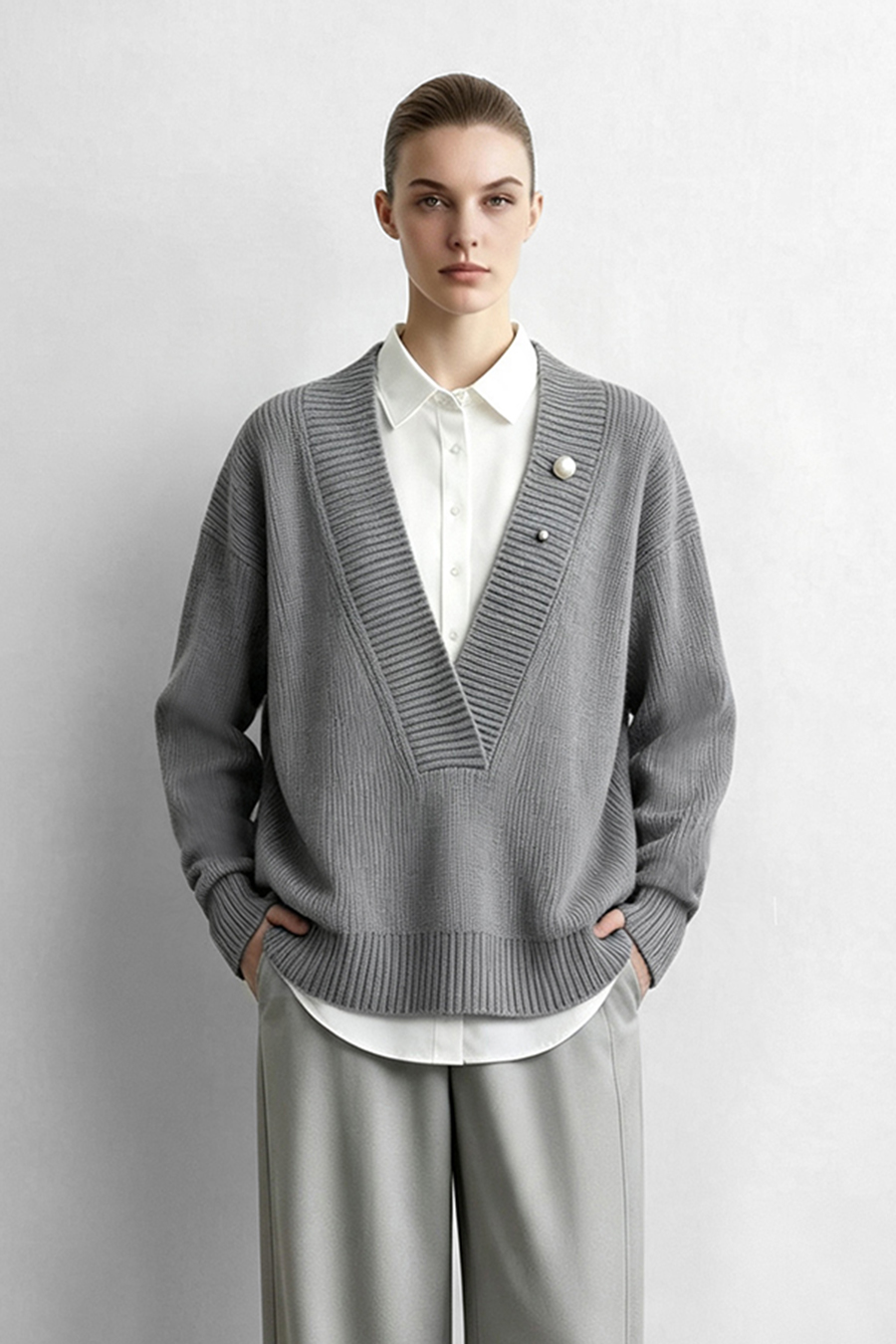 V-Neck Sweater with Removable Brooch|AMII
