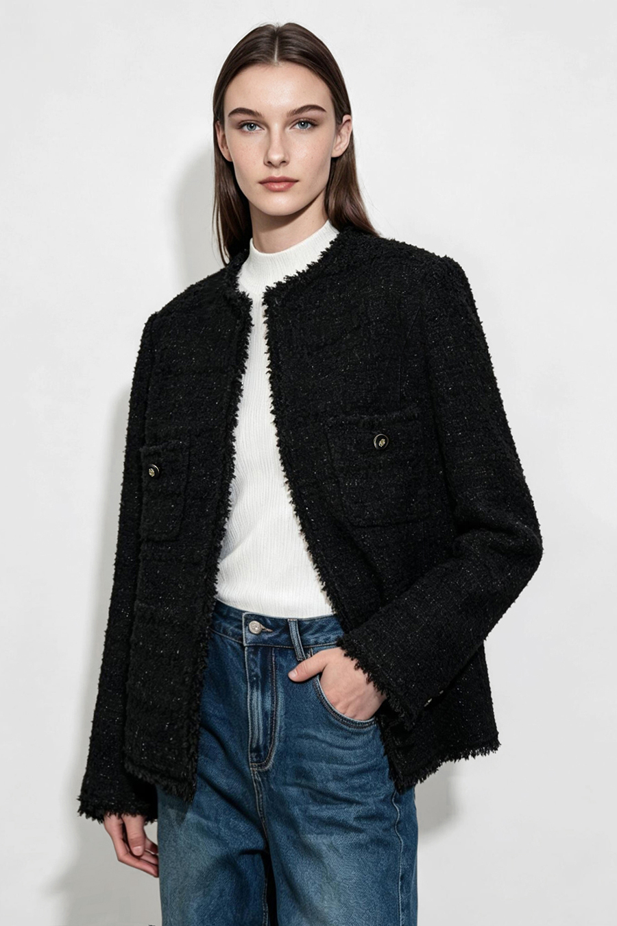Chanel-Style Tweed Jacket with Padded Shoulders|AMII