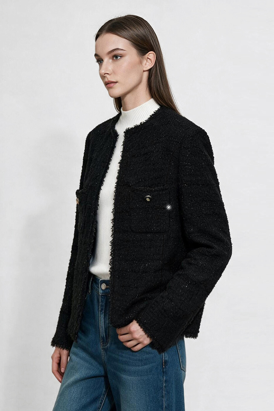 Chanel-Style Tweed Jacket with Padded Shoulders|AMII