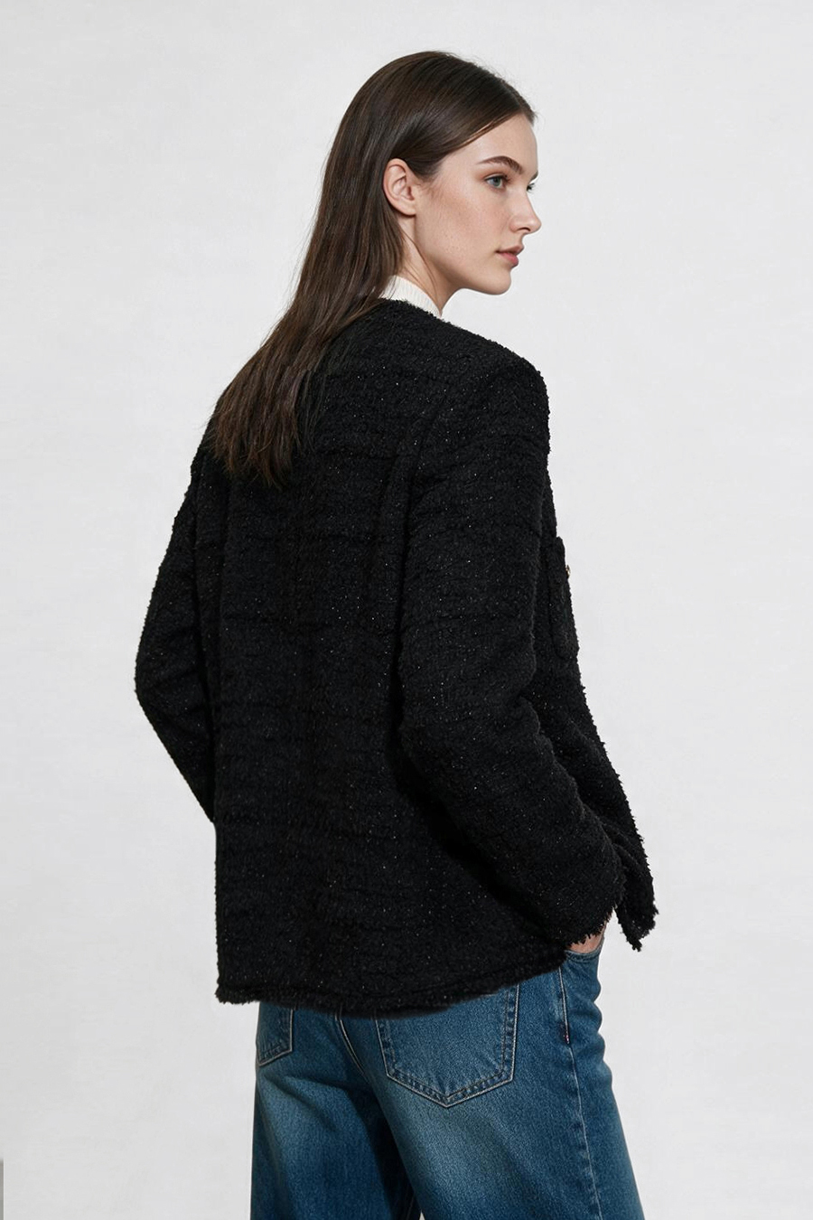 Chanel-Style Tweed Jacket with Padded Shoulders|AMII