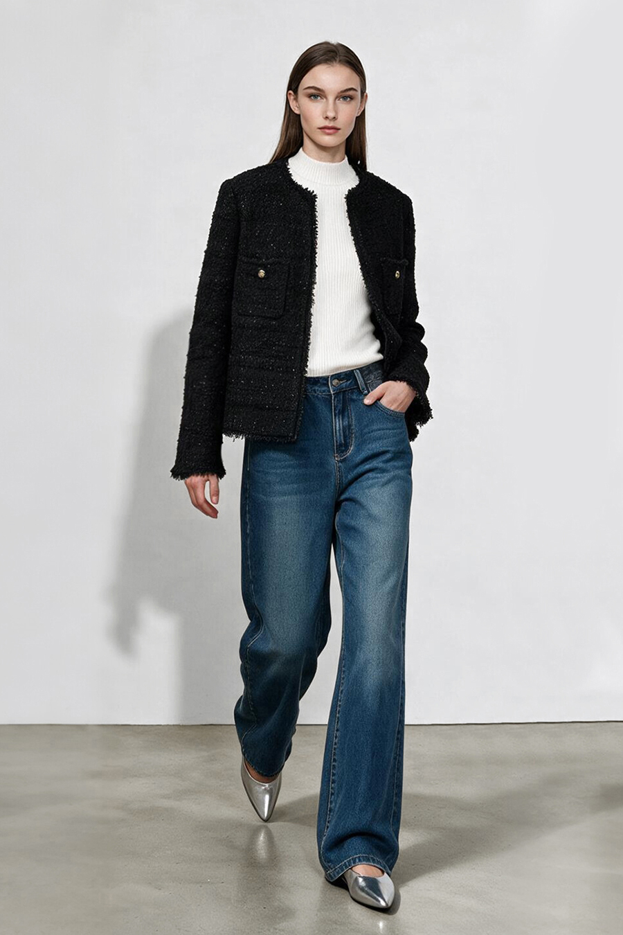 Chanel-Style Tweed Jacket with Padded Shoulders|AMII