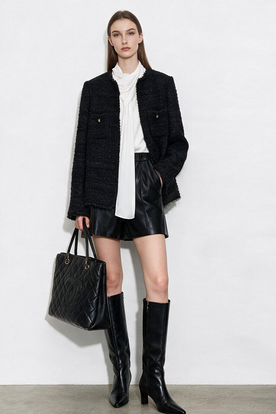 Chanel-Style Tweed Jacket with Padded Shoulders|AMII