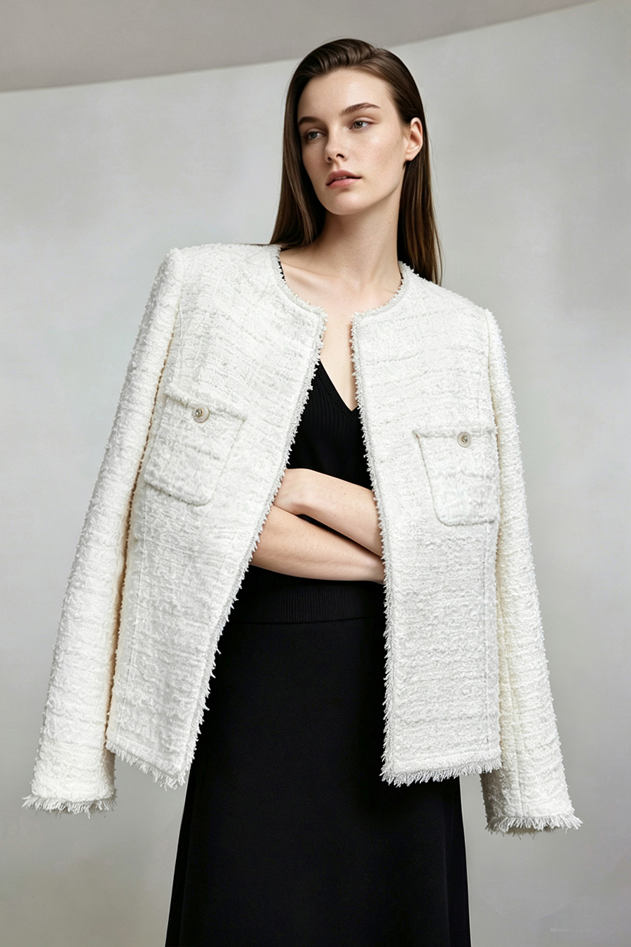 Chanel-Style Tweed Jacket with Padded Shoulders|AMII