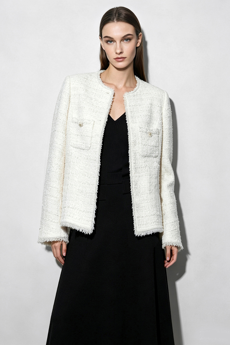 Chanel-Style Tweed Jacket with Padded Shoulders|AMII