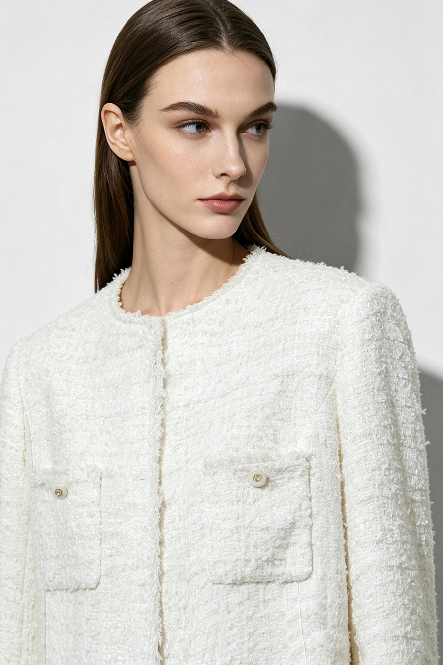 Chanel-Style Tweed Jacket with Padded Shoulders|AMII