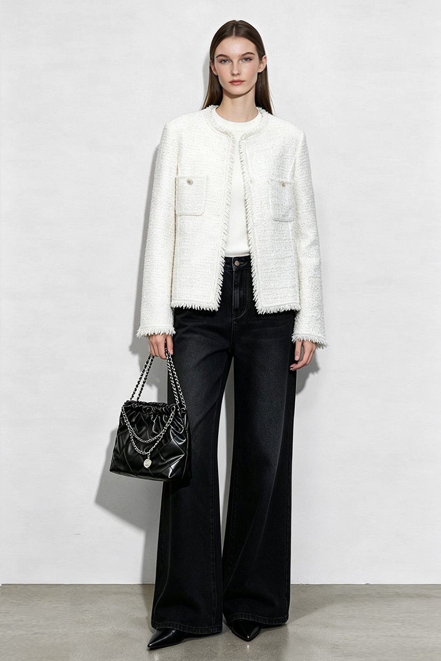 Chanel-Style Tweed Jacket with Padded Shoulders|AMII