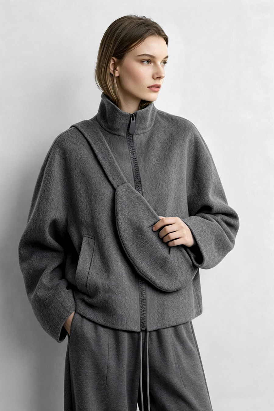 Double‑Face Wool Coat With Crossbody Bag|AMII