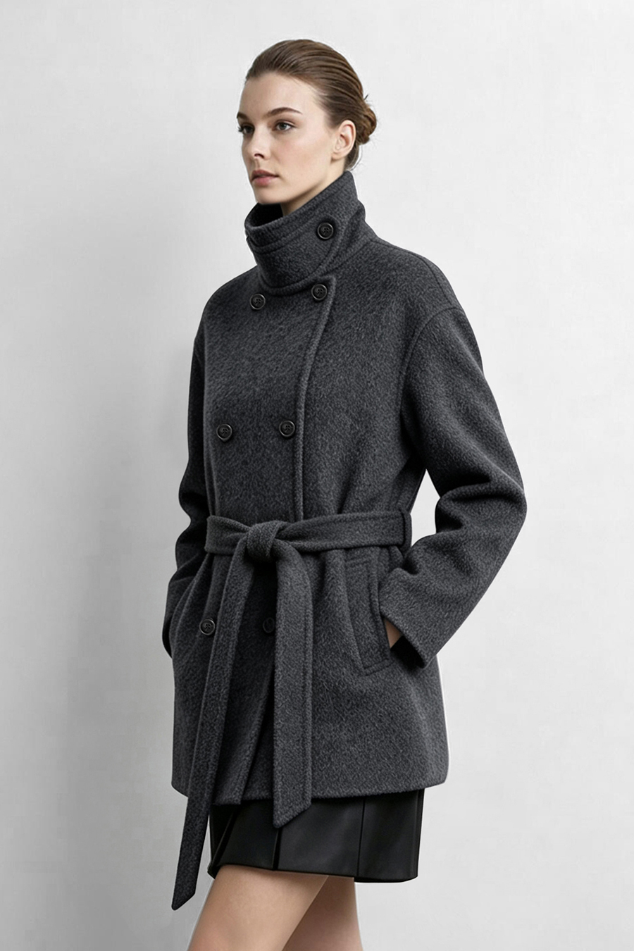 Mid-Length Double-Faced Wool Coat with Stand Collar|AMII