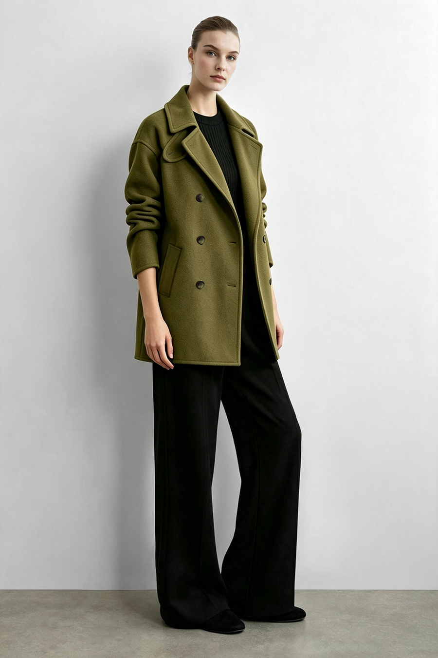 Mid-Length Double-Faced Wool Coat with Stand Collar|AMII