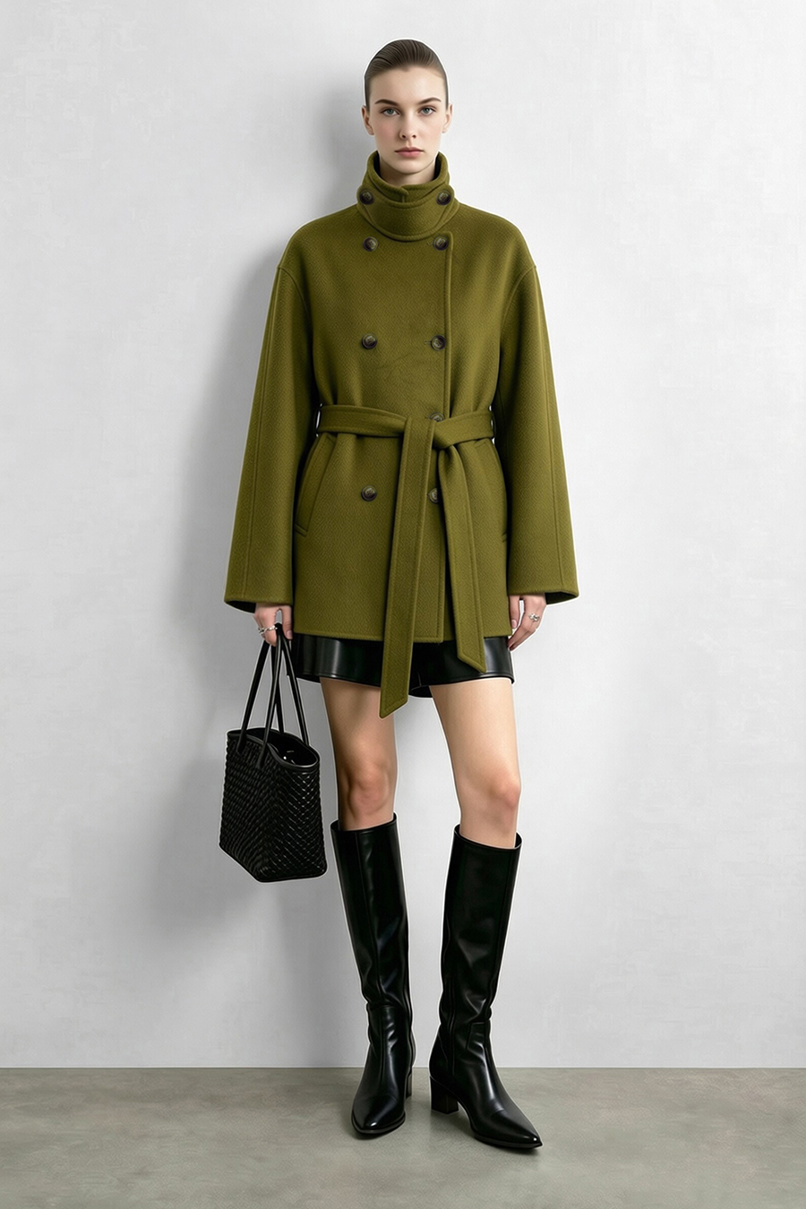 Mid-Length Double-Faced Wool Coat with Stand Collar|AMII