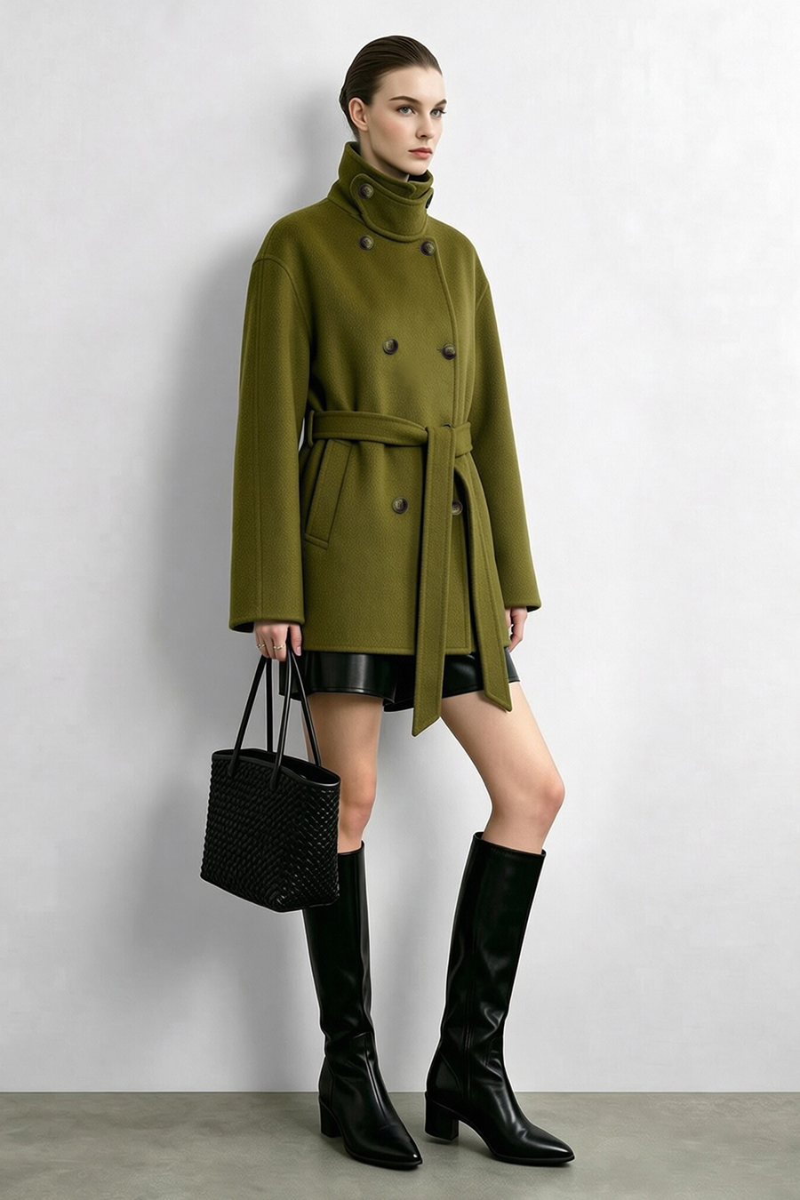 Mid-Length Double-Faced Wool Coat with Stand Collar|AMII