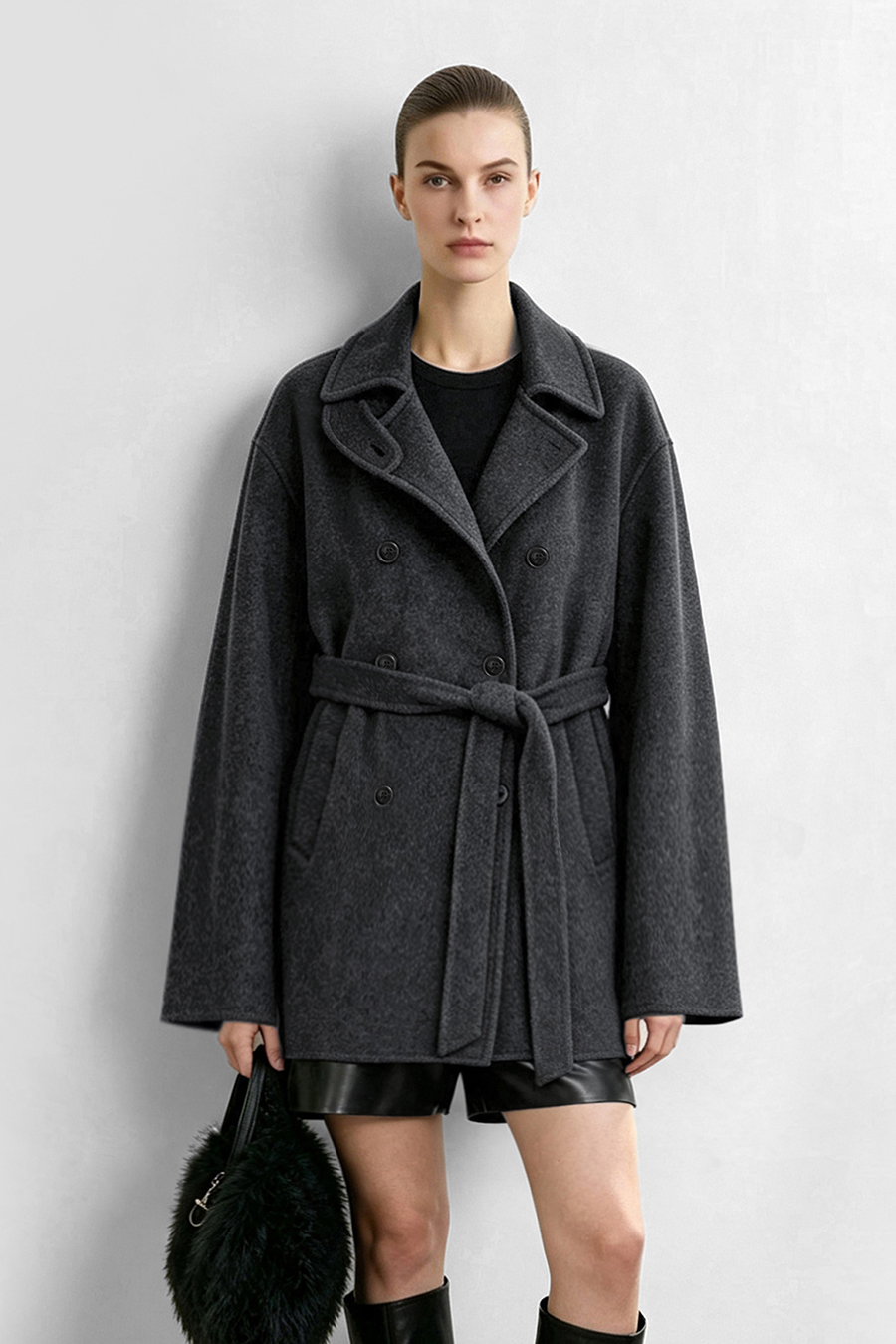 Mid-Length Double-Faced Wool Coat with Stand Collar|AMII