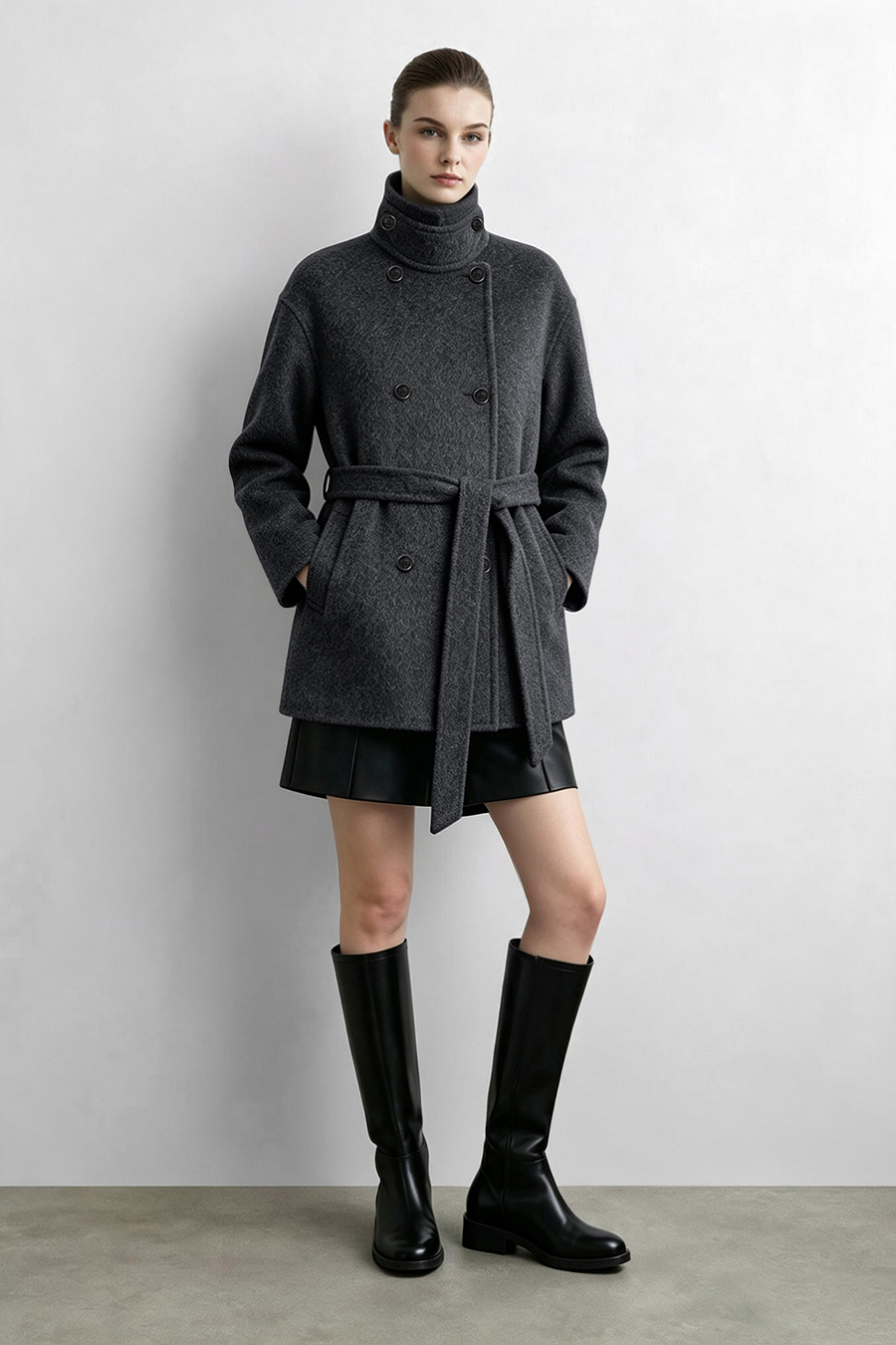 Mid-Length Double-Faced Wool Coat with Stand Collar|AMII