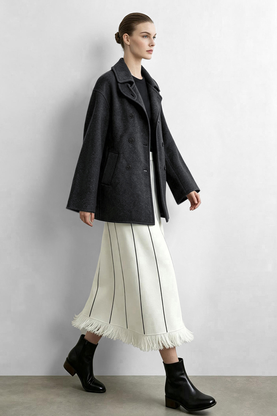 Mid-Length Double-Faced Wool Coat with Stand Collar|AMII