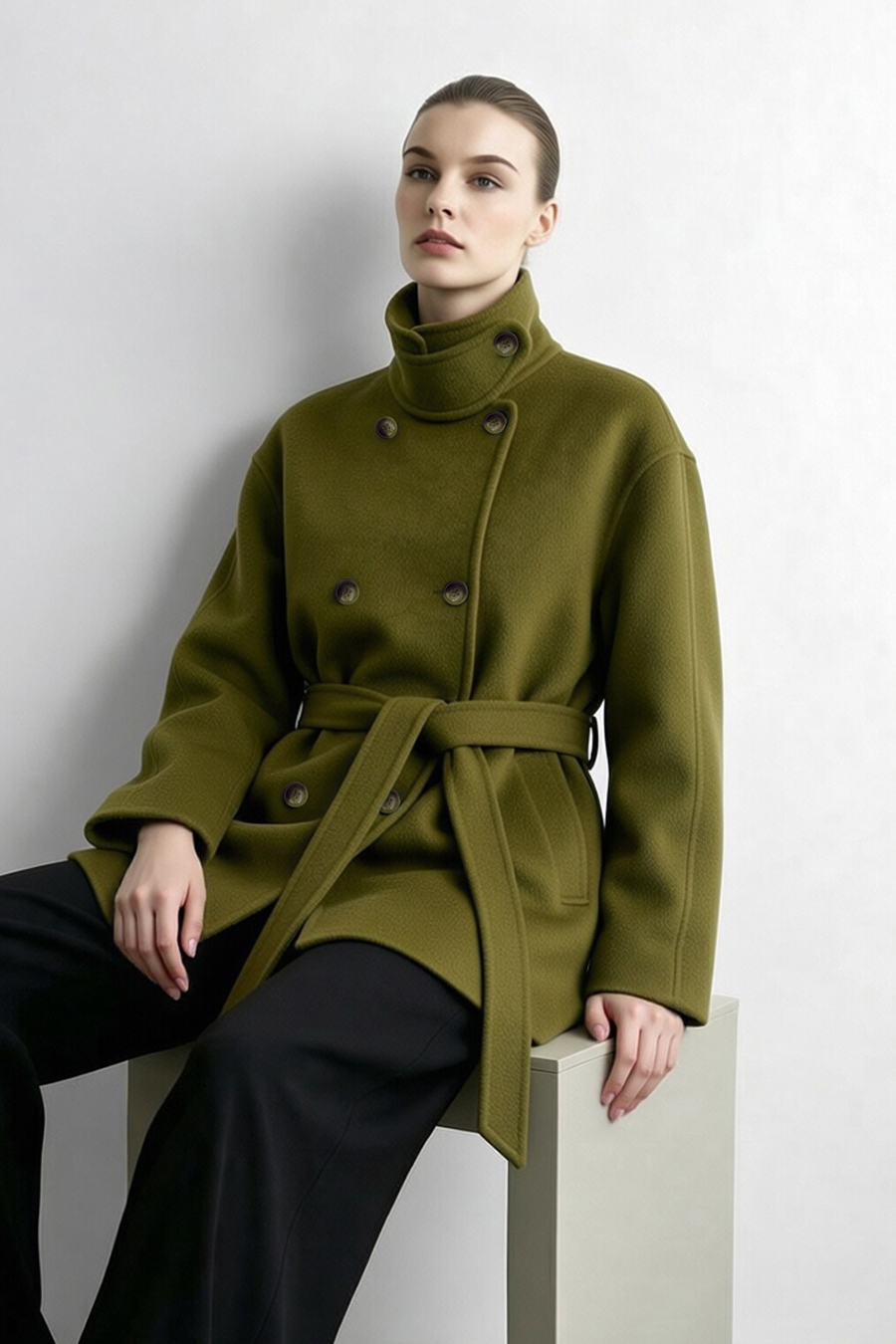 Mid-Length Double-Faced Wool Coat with Stand Collar|AMII