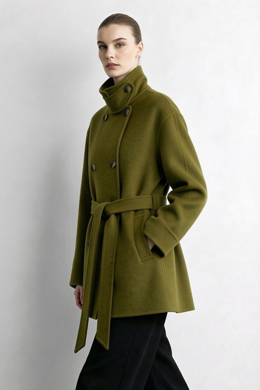 Mid-Length Double-Faced Wool Coat with Stand Collar|AMII