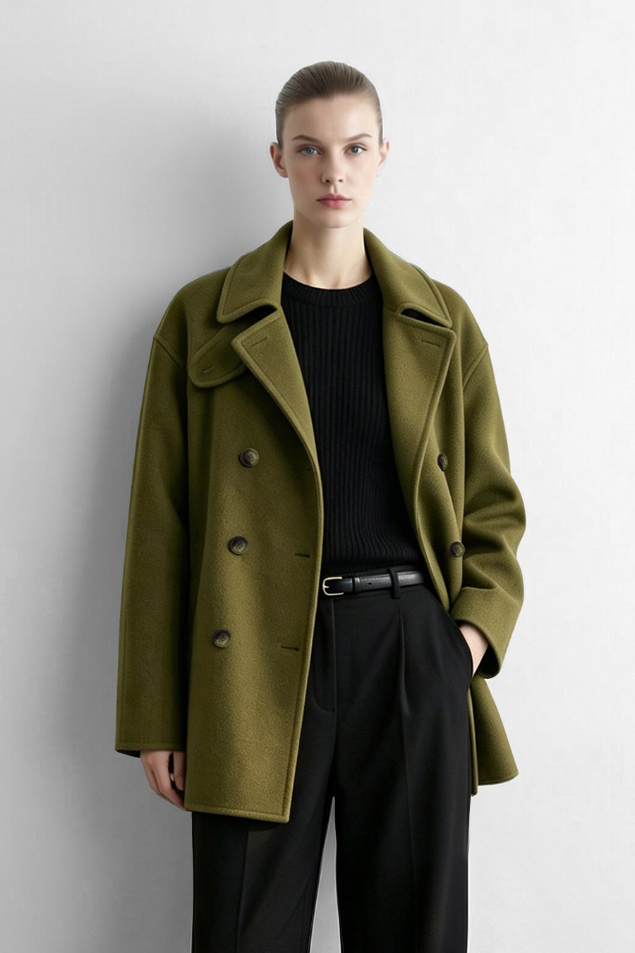 Mid-Length Double-Faced Wool Coat with Stand Collar|AMII
