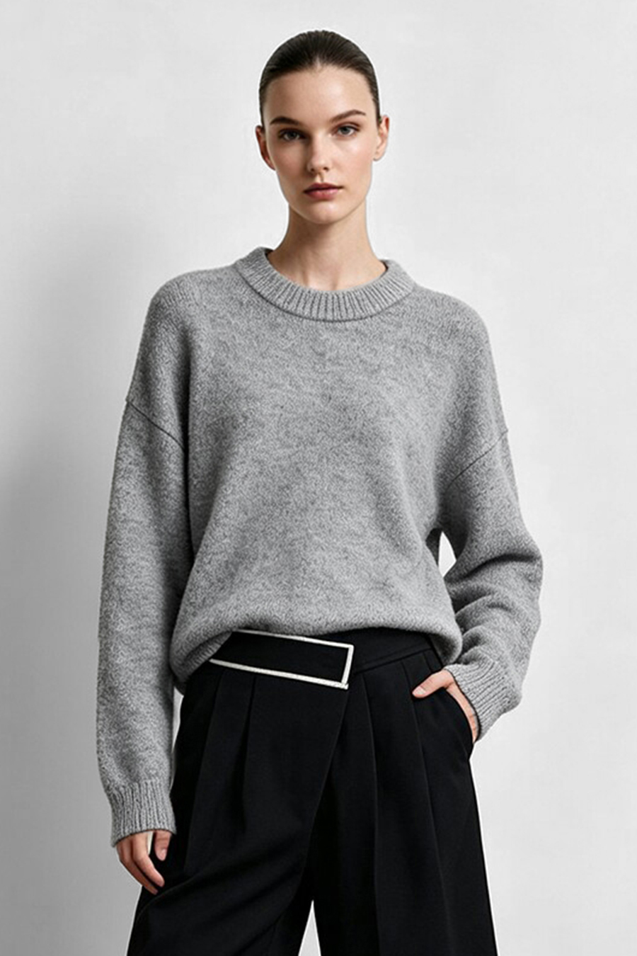Crew Neck Drop-Shoulder Sweater|AMII