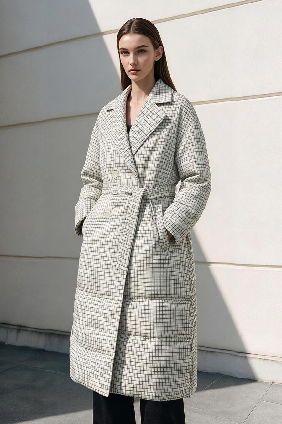 Plaid Down Jacket with Lapel Collar|AMII