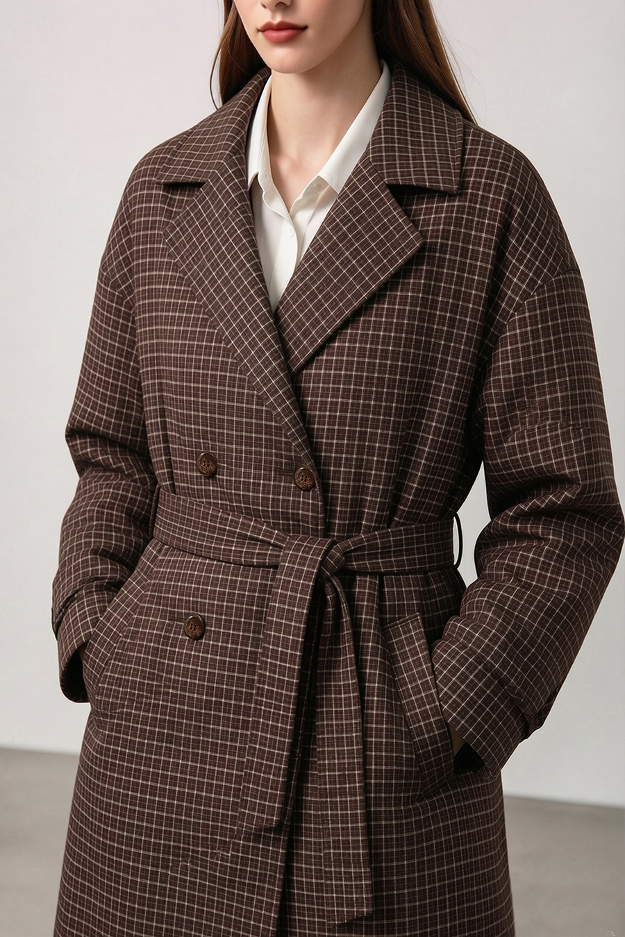 Plaid Down Jacket with Lapel Collar|AMII