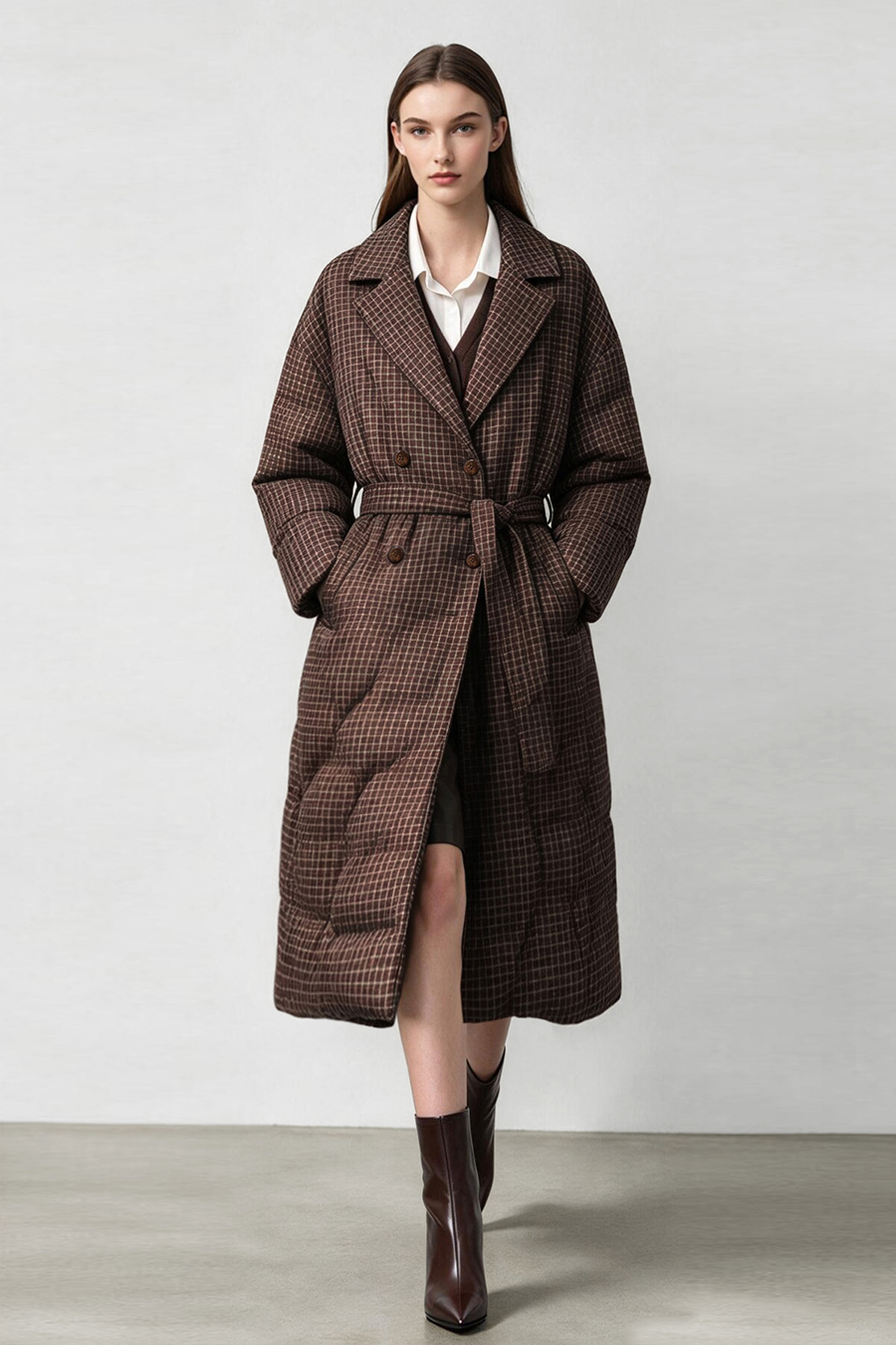 Plaid Down Jacket with Lapel Collar|AMII