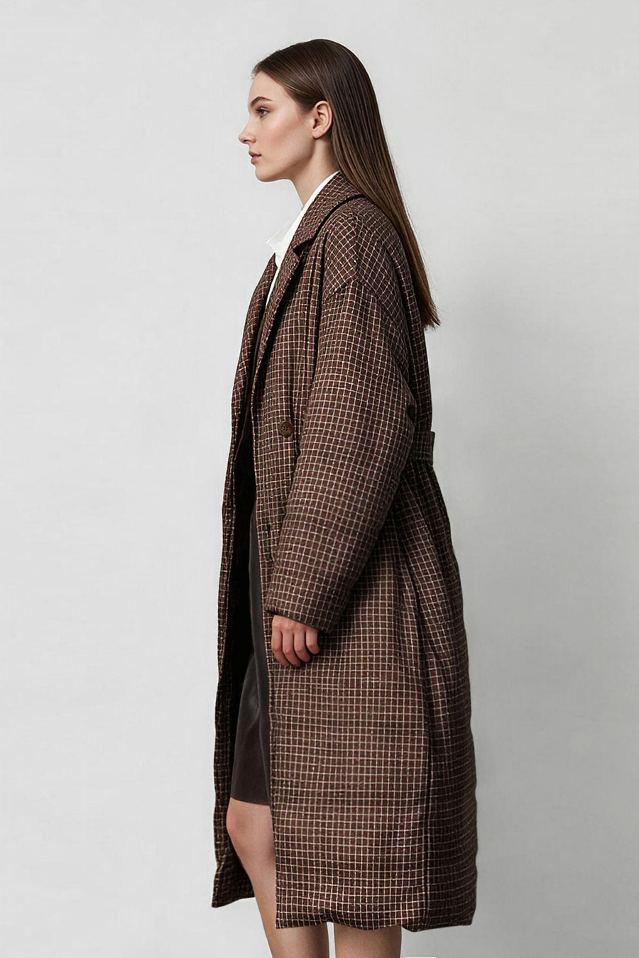 Plaid Down Jacket with Lapel Collar|AMII