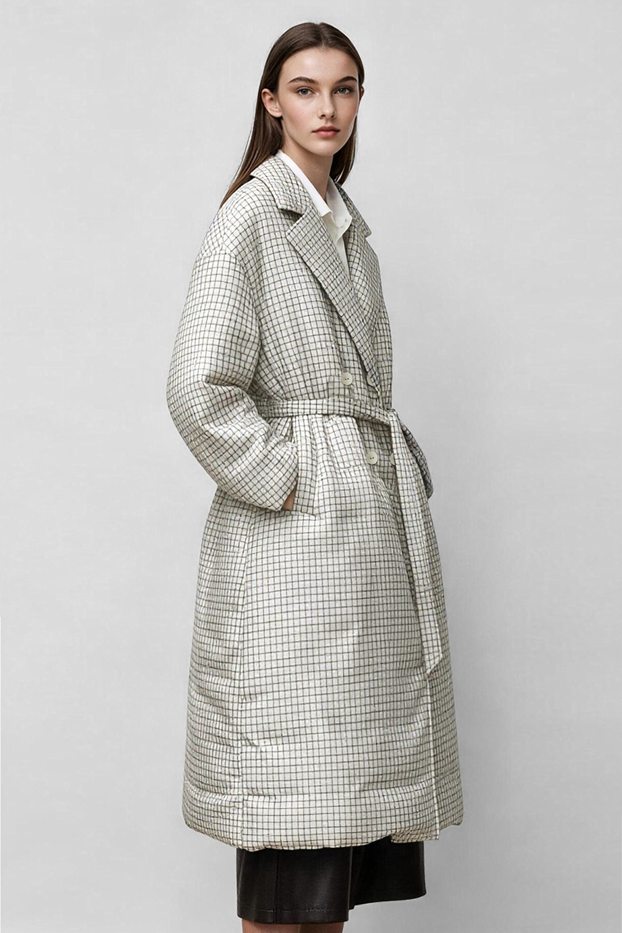Plaid Down Jacket with Lapel Collar|AMII