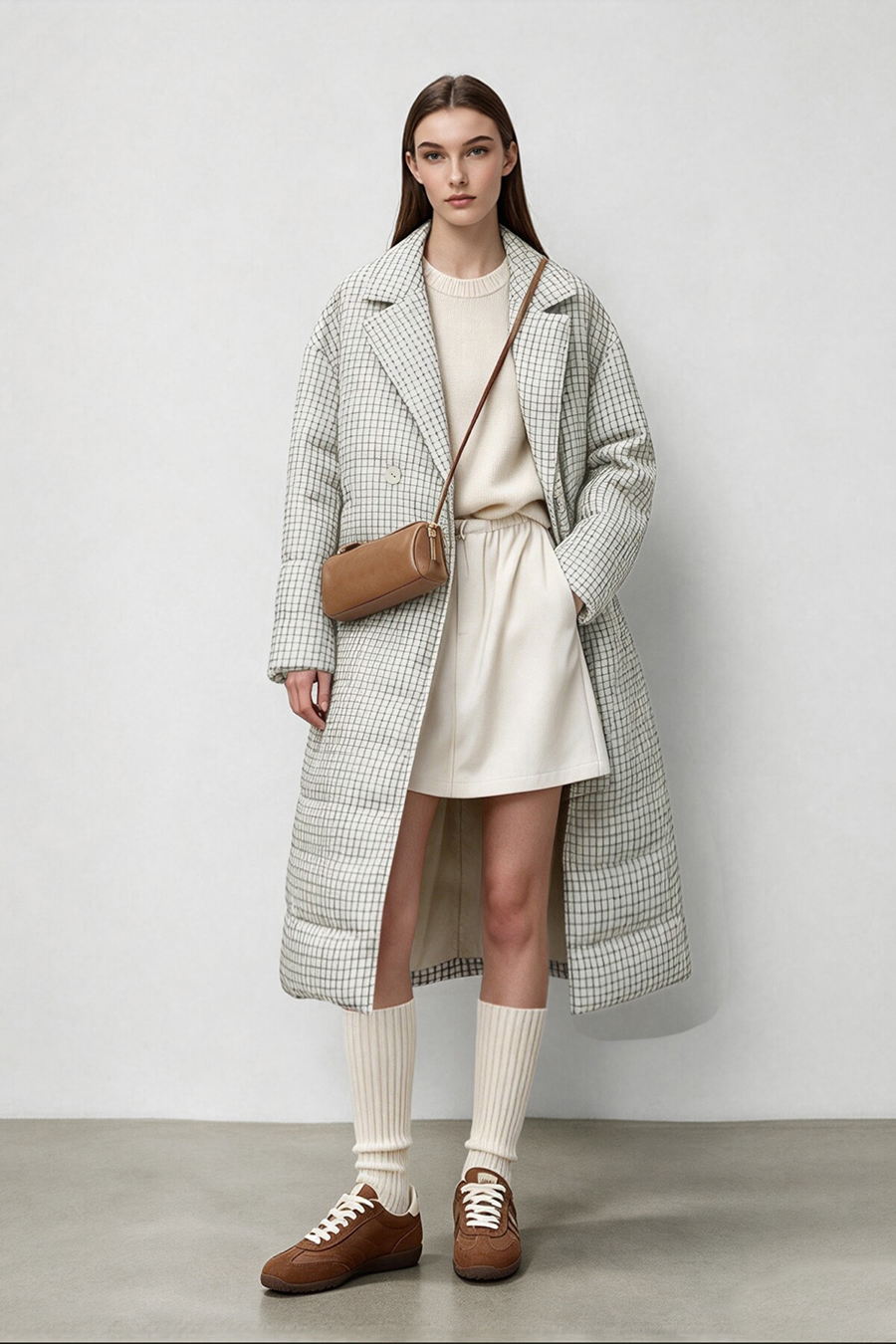Plaid Down Jacket with Lapel Collar|AMII
