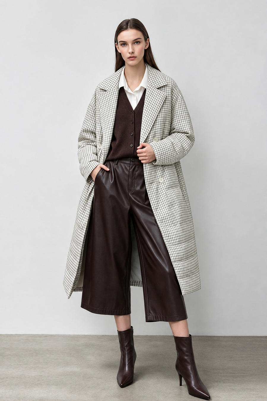 Plaid Down Jacket with Lapel Collar|AMII