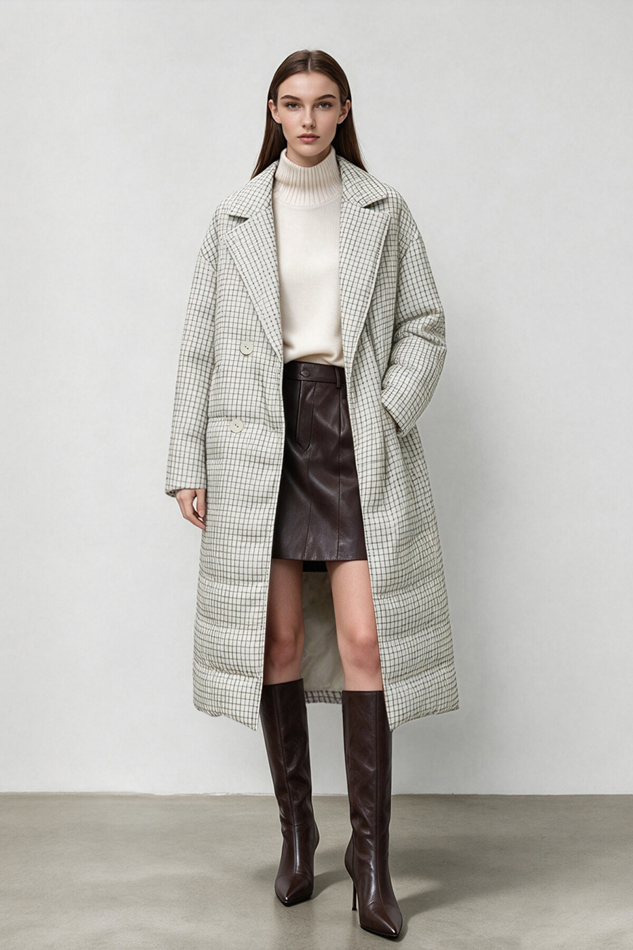 Plaid Down Jacket with Lapel Collar|AMII