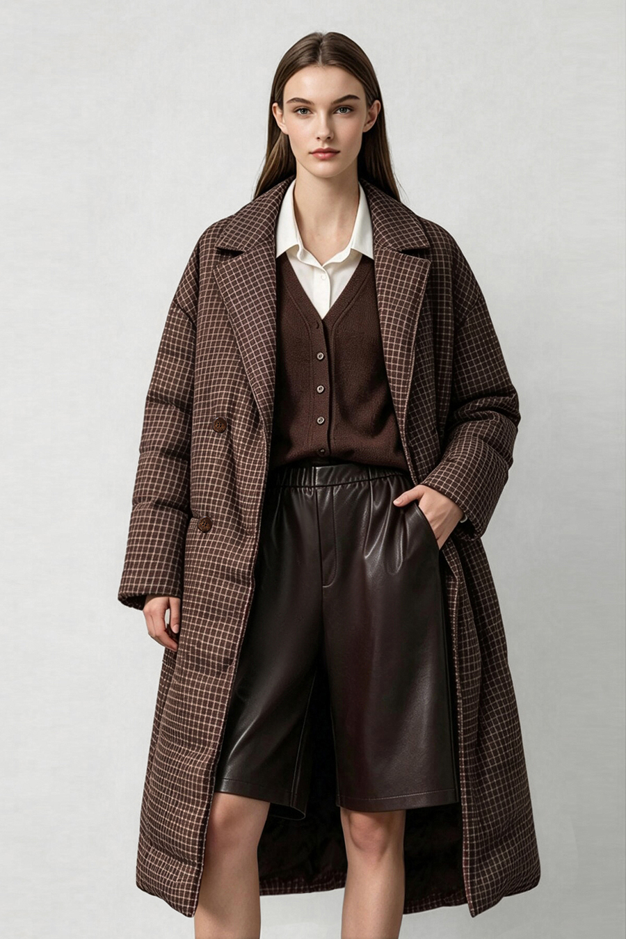 Plaid Down Jacket with Lapel Collar|AMII