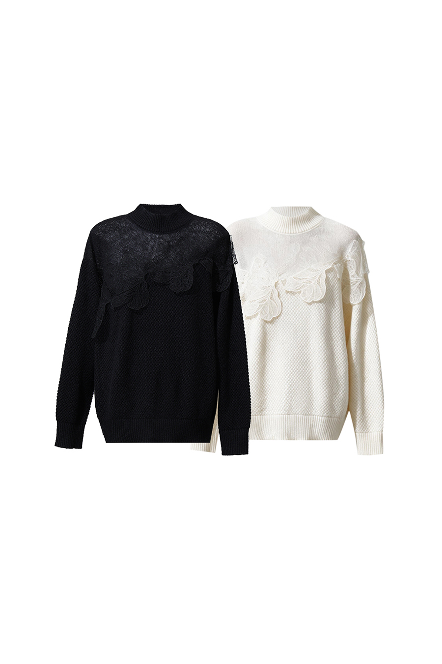 Lace-Trimmed Mock Neck Sweater|AMII