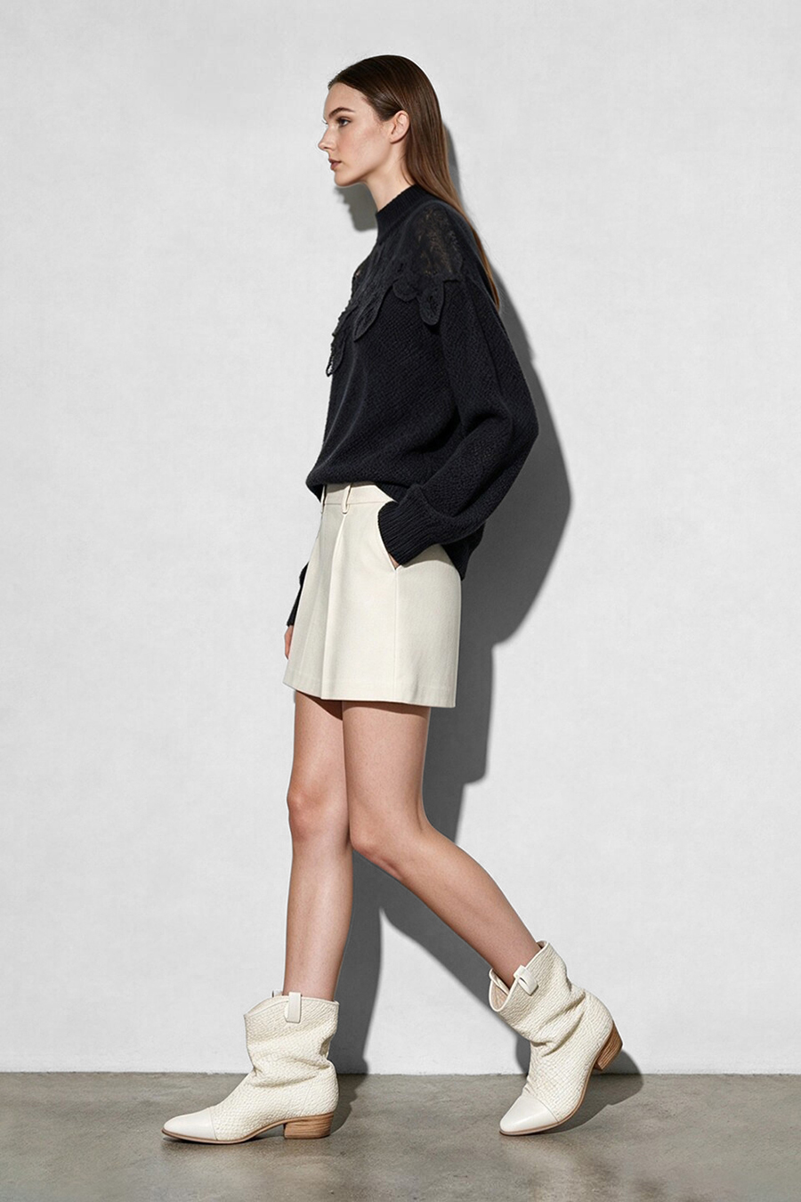 Lace-Trimmed Mock Neck Sweater|AMII