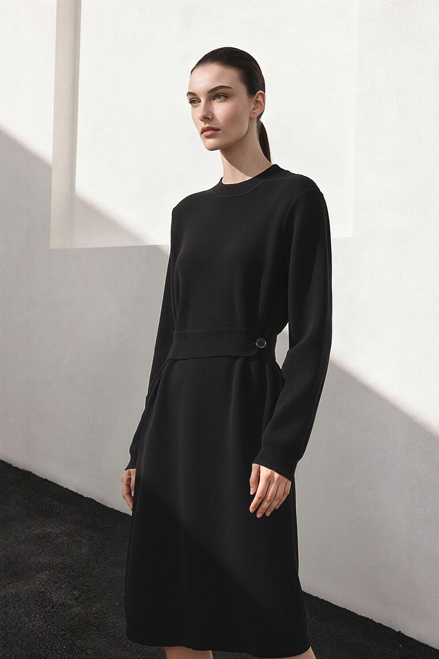 Mock Neck Belted Dress|AMII