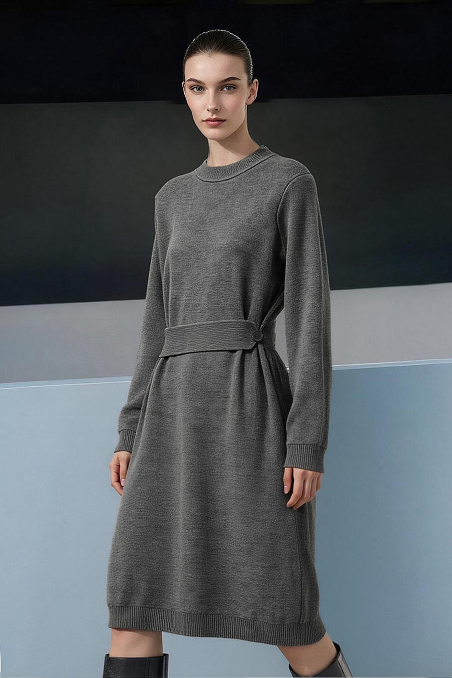 Mock Neck Belted Dress|AMII
